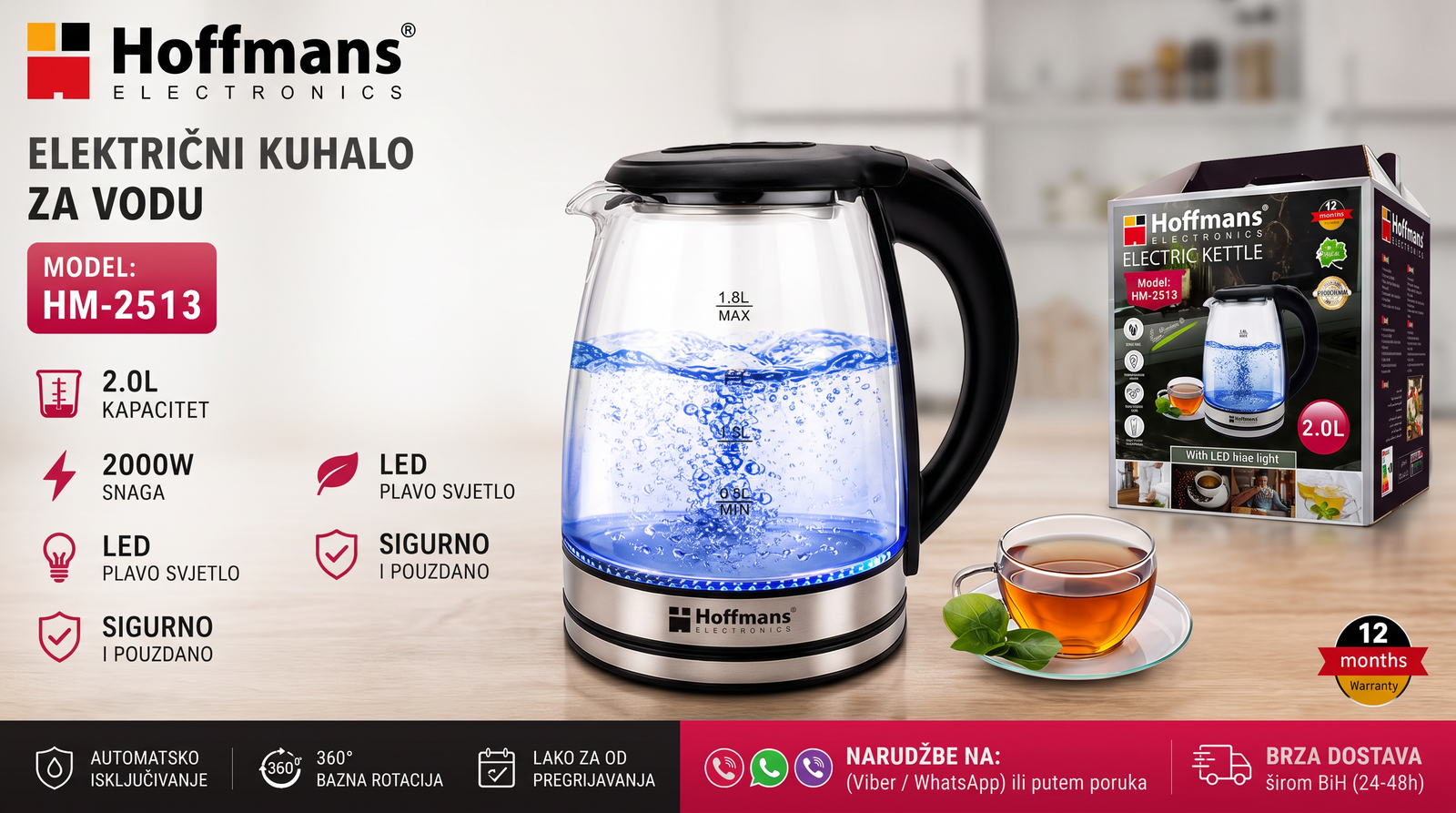 Električno kuhalo za vodu Hoffmans | 2.0L | LED | 2000W - Tehnička izrada i anatomske prednosti