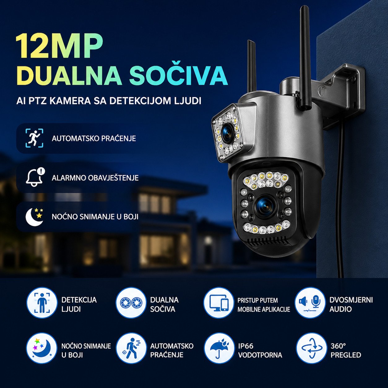 12MP Dual Lens 2.4G WiFi PTZ Kamera | vanjska video nadzor wi fi slika 4